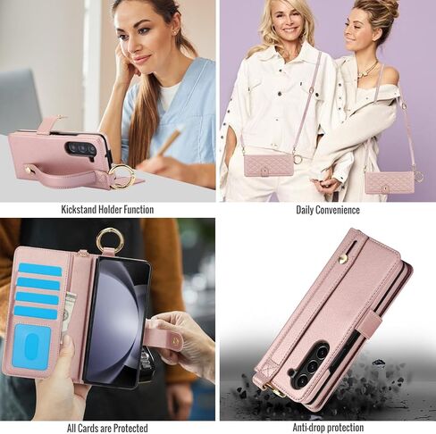 LBYZCASE Flip Folio Leather Wallet Case for Samsung Galaxy Z Fold 6, Z fold 6 Case with Card Slots[RFID Blocking],S Pen Holder,Wrist Strap for Women (Rose Gold) in Saudi Arabia