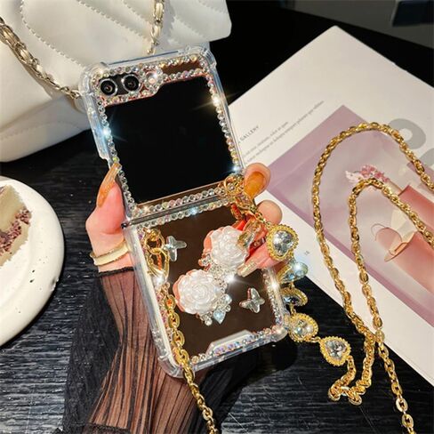 Omio Designed for Samsung Galaxy Z Flip 6 Mirror Case with Crossbody Lanyard Luxury 3D Sparkle Crystal Diamond Bling Glitter Flower Cute Slim Makeup Phone Case for Galaxy Z Flip 6 Women Girls, Silver in Saudi Arabia