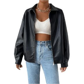 MakeMeChic Women's Faux Leather Shacket Long Sleeve Button Down Motorcycle Jacket Biker Coat