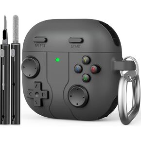 Case for AirPods 4th Generation Case with Cleaner Kit & Keychain, Game Case for AirPods 4 Cover Shock-Proof Protective Silicone Case, Front LED Visible, Powerful Drop Protection (Dark Grey)