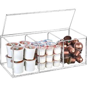 BEYGORM Acrylic Coffee Pod Holder with Lid for 24 Kcup, Clear Coffee Capsule Storage Organizer,3 Compartments Coffee Bar Station Organizer Compatible with Nespresso Pod,Creamer