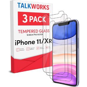 واقي شاشة TalkWorks iPhone 11 (يناسب أيضًا iPhone XR) 3 عبوات من فيلم الزجاج المقوى المتين 0.33 مم صلابة 9H، مقاوم للكسر، وضوح اللمس عالي الدقة، بدون صينية التثبيت، iPhone 11 / XR