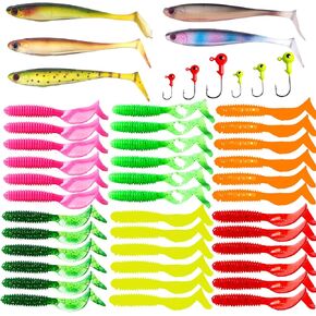 47 Pcs Soft Plastic Fishing Lures Kit with Box for Trout Bass Topwater Soft Paddle Tail Lures Soft Plastic Baits Freshwater and Saltwater