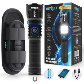 Versátil Tactical LED Rechargeable, COB Light Flashlight with Holster - Flashlights High Lumens for Home & Camping, 6 Modes, Magnetic Tail, Zoomable Beam – Blue Red Flash Light for Emergency.