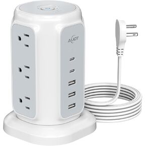 Flat Plug Power Strip Tower with 2 USB-C and 3 USB-A Ports, AiJoy 6.5 FT Ultra Thin Extension Cord with Multiple Outlets, 1200J Surge Protector with 9 AC Port, Office Supplies, Dorm Essentials