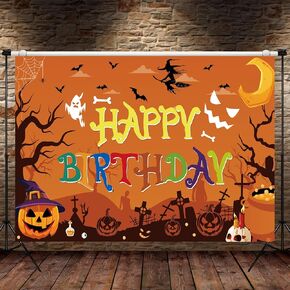 7 x 5 FT Halloween Happy Birthday Backdrop - Large Spooky Pumpkin Witch Design Wall Hanging Banner Background Photo Booth Props for Indoor Outdoor House Garden Halloween Birthday Party Decorations