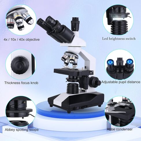 Herwicm Compound Trinocular Microscope 40X-2500X Magnification, Research Grade Professional Microscope, Two Tier Mechanical Stage LED Illuminated Abbe Microscope, Adult Microscope with USB Camera and in Saudi Arabia