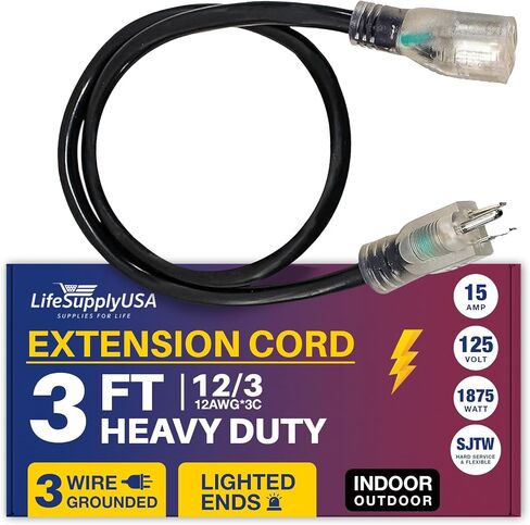 3ft Power Outdoor Extension Cord & Indoor - Waterproof Electric Drop Cord Cable - 3 Prong SJTW, 10 Gauge, 15 AMP, 125 Volts, 1875 Watts, 10/3 by LifeSupplyUSA - Black (1 Pack) in Kuwait