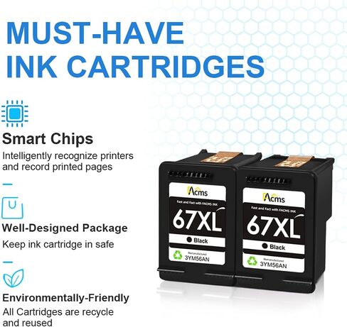 خرطوشة حبر بديلة معاد تصنيعها لطابعة HP 67 67XL Envy 6052 6058 6075 DeskJet 2732 2755 DeskJet Plus 4152 4155 4158 (2 أسود) in Kuwait