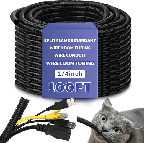 Kanayu 1/2''-50 Ft Split Wire Loom Tubing, Black Flame Retardant | High Temp Protector, Split Design for Easy Install, Industrial Automotive Marine Electrical Use, Corrugated Loom Conduit in Kuwait