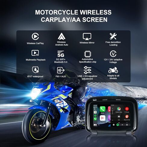 EZoneTronics 5" Motorcycle GPS Navigation Device with Wireless CarPlay & Android Auto, IPX7 Waterproof Touch Screen Support Mirror Link/Bluetooth/FM/Siri/GPS/Google in Kuwait