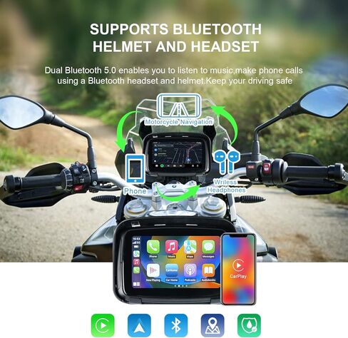 EZoneTronics 5" Motorcycle GPS Navigation Device with Wireless CarPlay & Android Auto, IPX7 Waterproof Touch Screen Support Mirror Link/Bluetooth/FM/Siri/GPS/Google in Kuwait