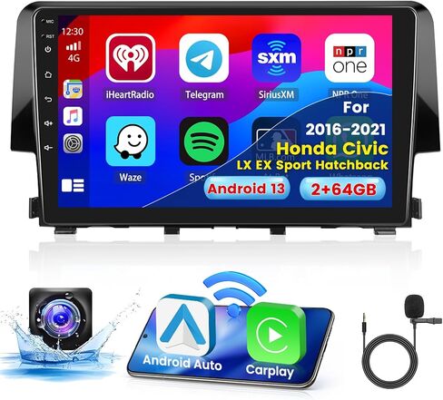 2+64G Android 13 CarPlay راديو ستيريو للسيارة Honda Civic LX EX Sport Hatchback 2016-2021، شاشة لمس عالية الدقة 9 بوصة متوافقة مع Android Auto، كاميرا احتياطية AHD، وصلة مرآة، GPS، WiFi، FM RDS in Saudi Arabia