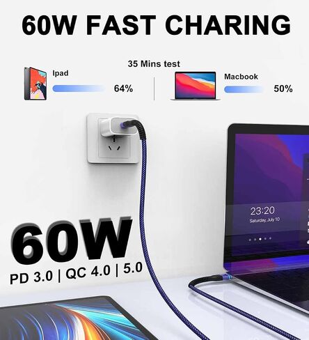 USB C to USB C Cable, 2 Pack 60W 10ft Nylon Braided USB Type C Fast Charging Cable Charger Cord for iPhone 15/15 Plus/15 Pro Max, MacBook Pro, iPad Pro Air, Samsung S24/S24 Ultra/S23 (Blue & Red) in Saudi Arabia
