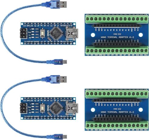 2 قطعة Mini Nano V3.0 ATmega328P لوحدة تحكم Arduino Micro Controller مع كابل USB + Nano V3.0 توسيع I/O Shield Board Breakout Screw Terminal محول in Kuwait