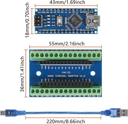 2 قطعة Mini Nano V3.0 ATmega328P لوحدة تحكم Arduino Micro Controller مع كابل USB + Nano V3.0 توسيع I/O Shield Board Breakout Screw Terminal محول in Kuwait