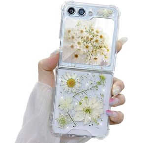 حافظة زهور لهاتف Samsung Galaxy Z Flip 6 5G، حافظة لطيفة وشفافة وناعمة من مادة TPU واقية مضغوطة وجافة بتصميم زهور حقيقية لامعة باللون الأزرق والأبيض للنساء Girly for Z flip 6 (ذهب أبيض) in Kuwait