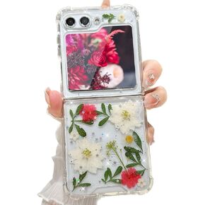 for Samsung Galaxy Z Flip 6 5G Flower case, Cute Clear Slim Soft TPU Protective Pressed Dry Real Flowers Design Bling Glitter Blue White Flower Case for Women Girly for Z flip 6 (White Gold)