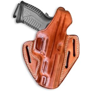 Premium Leather Three Slot Pancake OWB Holster with Thumb Break Fits FNX 45 Tactical 5.3'' Threaded Barrel, Right Hand Draw, Brown Color #1314#