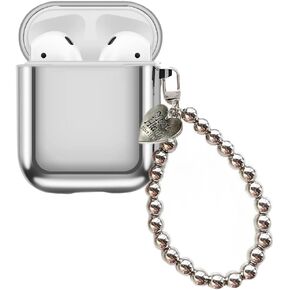 Case Compatible with AirPods 1 & 2 Cases, Shockproof Protective Cover Silver Plating Soft Skin with Mirror Love Heart Pendant Keychain 01