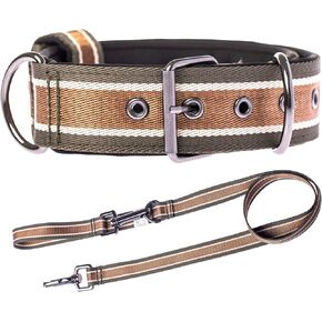 Rough Enough Dog Collar and Leash Set for Large Dog Training Walking with Nylon Webbing Heavy Duty Metal Buckle Name Tag Adjustable L Size Brown