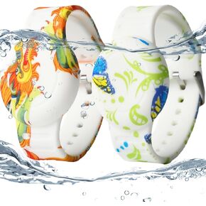 Waterproof AirTag Bracelet for Kids(2 Pack), Printed Hidden Wristband for Air Tag, Silicone Anti-Lost GPS Tracker AirTag Holder for Child, Lightweight Secure Protection(Butterfly, Dragon)