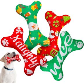4 Pcs Dog Christmas Toy for Small Medium and Large Breeds, Soft Cotton Filled Squeaky Play, Cute Bone Shape Plush Toys, Xmas Party Gifts, 7 x 5 Inch