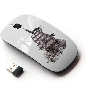 [ Optical 2.4G Wireless Mouse [ White Ship Pirate Caribbean Sails Drawing ]