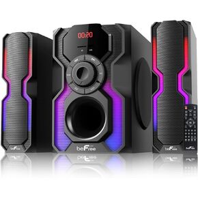 beFree Sound 2.1 Channel Bluetooth Multimedia Wired Speaker Shelf Stereo System with Reactive LED Lights, FM Radio, USB, and SD Inputs, Black (BFS-Shelf Speaker)