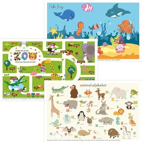 Babebay Disposable Placemats for Baby, 40 Pack Sticky Toddler Placemat for Restaurants, Dining Table, Party, Travel, 12" x 18" Placemats with 4 Designs, Fun and Learning Placemats for Kids