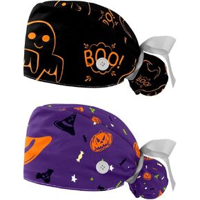 2 Pcs Working Cap with Buttons Sweatband Funny Ghost Cloud Boo Halloween Pattern Ribbon Tie Back Bouffant Hats