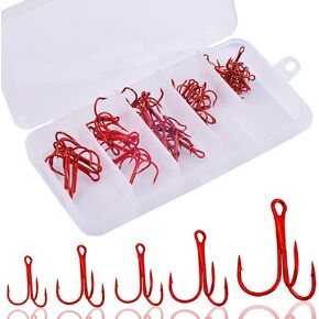 Treble Hooks Kit,Classic High Carbon Steel Fishing Hooks Sharp and Round Bend Fishing Trble Hooks for Catfish Bass Hook Saltwater Freshwater Fishing Black/Red/Silver