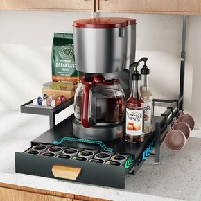 GSlife Coffee Pod Drawer - Coffee Maker Sliding Storage Organizer Rack with Metal Drawer, Pull Out K Cup Coffee Pod Holder, Easy to Open Under Cabinet, 42 Pod Capacity, Black