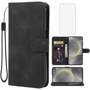 Case for Galaxy S24 Case, Samsung S24 5G SM-S921U Wallet Case with Tempered Glass Screen Protector, Skin Feel Leather Flip Credit Card Holder Stand Phone Cover for Samsung Galaxy S24 Black