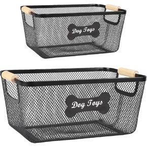 2 pack Dog Toys Basket,Metal Basket with Wooden Handles for Dog Toys,Mesh Wire Dog Toy Bin Set,Dog Stuff Organization & Storage,Ideal for Dog Collar,Blanket,Toys,Ropes,Snacks-Black