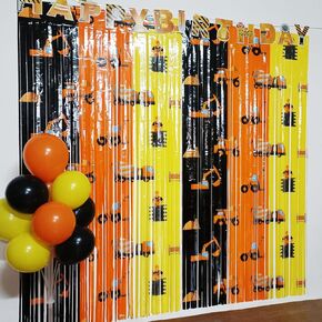 Construction Birthday Party Fringe Curtains Decorations Supplies, 2 Pack 3.3 x 6.6ft Tinsel Foil Fringe Photo Backdrop,1 Pack Happy Birthday Banner