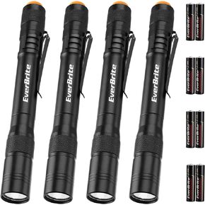 EverBrite Pen Light, Pocket Flashlights, Aluminum LED Pen Flashlights with Clip, 8 AAA Batteries Included, Pocket Flashlight for Camping, Emergency, Mechanic, Pack of 4, Black