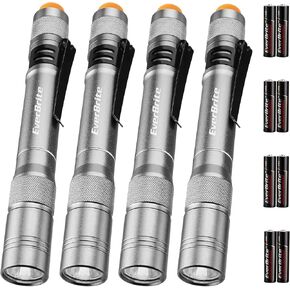 EverBrite Pen Light, Pocket Flashlights, Aluminum LED Pen Flashlights with Clip, 8 AAA Batteries Included, Pocket Flashlight for Camping, Emergency, Mechanic, Pack of 4, Black