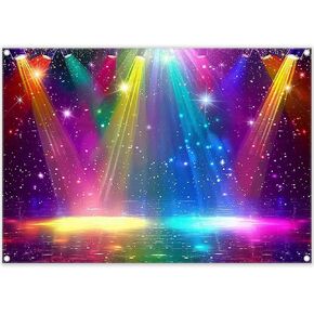 Fabric 7x5ft Disco Rainbow Stage 70s 80s 90s Backdrop Vintage Lights Photography Background Rock Music Club Neon Glow Party Decorations Photo Banner