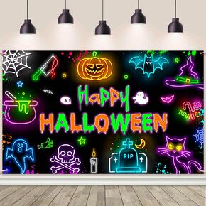 7x5ft Happy Halloween Backdrop Neon Halloween Birthday Party Decorations Banner Halloween Pumpkin Ghouls Bat Spide Glow in The Dark Photo Banner Studio Props