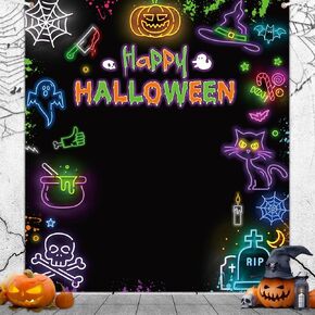 7x5ft Happy Halloween Backdrop Neon Halloween Birthday Party Decorations Banner Halloween Pumpkin Ghouls Bat Spide Glow in The Dark Photo Banner Studio Props