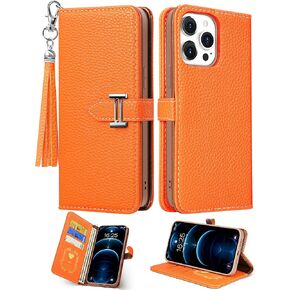 for iPhone 14 Pro Max Case Wallet for Women Leather Folio Designer Luxury Phone Cases with Credit Card Holder Stand Flip Cute Black Cover Elegant Pretty with Tassel for Apple 14 Promax 6.7"