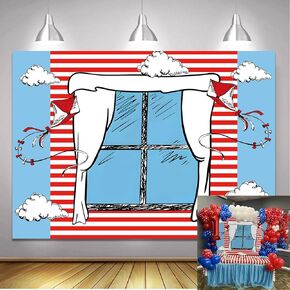 Cartoon Window Photography Backdrops Blue Red Kite Striped Boys Girls 1st Birthday Party Background Baby Shower Decorations Cake Table Banner Photo Booth Props (7x5ft)