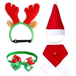 4 Pieces Cute Cat Dog Christmas Santa Hat Scarf Bow Tie Collar Christmas Reindeer Antlers with Ears Head Wear Xmas Costume Accessory for Kitten Puppy Small Pets