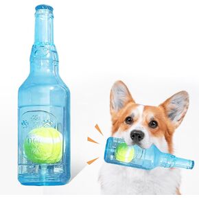 Rubber Water Bottle Dog Toy Cruncher with Built-in Tennis Ball and Treat Dispensing Feature, Squeaky Interactive Dog Chew Toy for Aggressive Chewers - Ideal for Large and Small Dogs (Blue)
