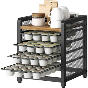 Coffee Pod Holder, K Cup Holder, 4-Tier Coffee Pod Organizer, Small Desktop Storage Rack for 80 Coffee Pods, Space Saving, for Home Office, Kitchen, Living Room, Rustic Brown and Black, KH04BR