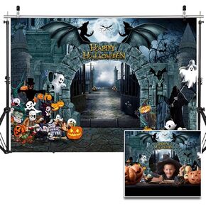 10X10FT Halloween Backdrop Night Scary Castle Pumpkin Moon Bat Graveyard Happy Halloween Party Banner Photography Backdrop Photo Background DH-205
