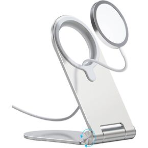Stand for MagSafe Charger, 270 Rotation Adjustable MagSafe Phone Stand for Desk, Foldable Sturdy Magsafe Holder Compatible with Apple iPhone 15 14 13 12 Series,MagSafe Charger Not Included - Silver