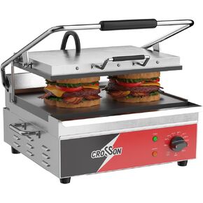 CROSSON 15"×11" Ribbed ETL Listed Commercial Electric Panini Grill,Hinged Auto Leveling Top Plate Panini Press Sandwitch Maker