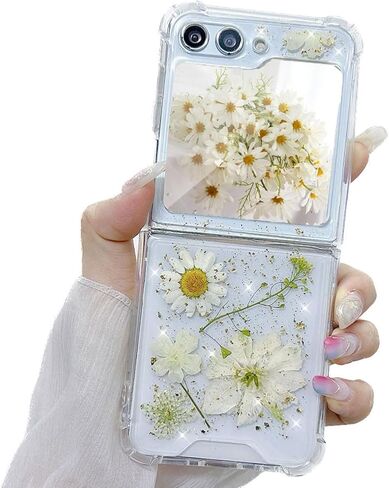 حافظة زهور لهاتف Samsung Galaxy Z Flip 6 5G، حافظة لطيفة وشفافة وناعمة من مادة TPU واقية مضغوطة وجافة بتصميم زهور حقيقية لامعة باللون الأزرق والأبيض للنساء Girly for Z flip 6 (ذهب أبيض) in Kuwait